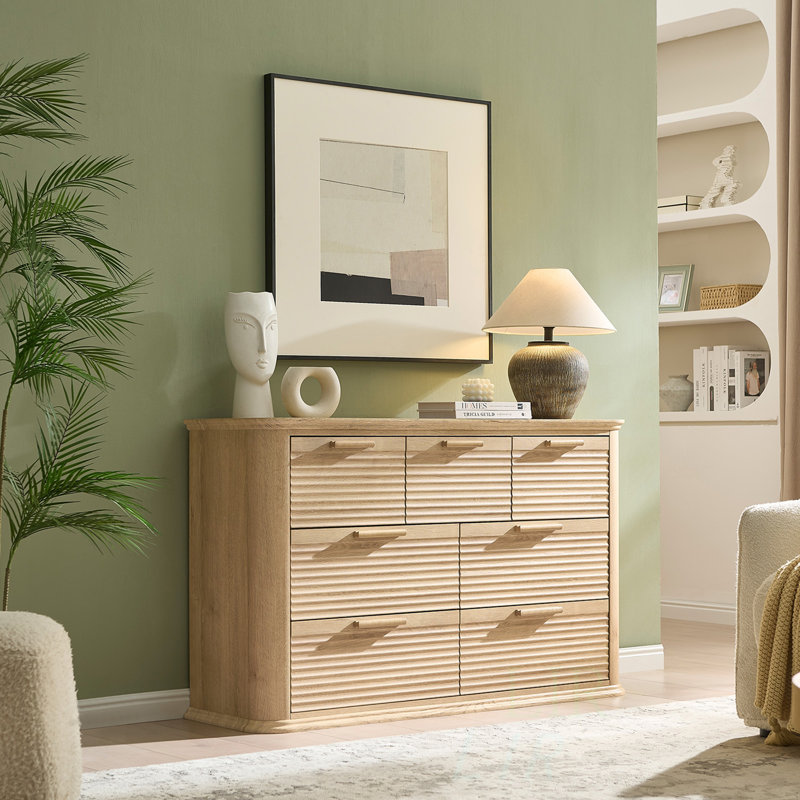 Fluted 7 Drawer Dresser, 52 Inch Wide Modern Wood Chest For Bedroom And Living Room, Curved Profile Design, TV Stand & Storage Organizer, TV Stand