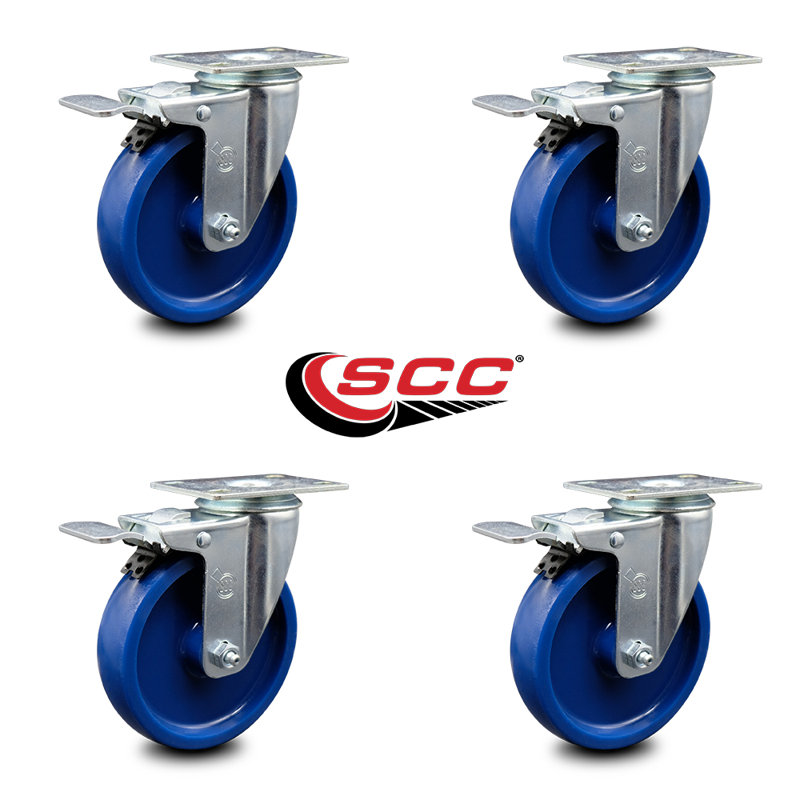 5 Inch Solid Polyurethane Swivel Top Plate Caster Set with Total Lock Brake SCC
