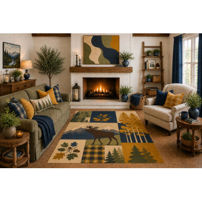 Tapis rustique à motif d'orignaux 5 pi x 7 pi «Ultra Léger», Woodland Lodge Design for Living Room