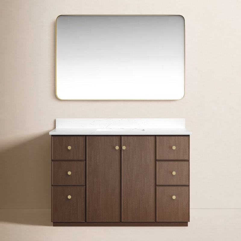Rally 48'' Free Standing Single Bathroom Vanity with Calacatta Quartz Top with Mirror, Dark Brown Oak