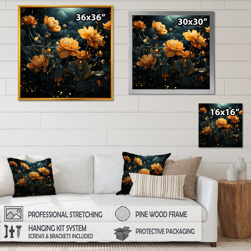 Nuit étoilée fleur de souci 2 - art mural souci, Cadre flottant noir, H 30 po x l 30 po x P 1,5 po