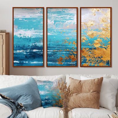 Golden Birch Tree On Vintage Teal - Botanicals Wall Art Decor Set
