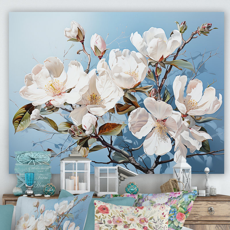 «Magnolias» blanc et bleu I - impression, Toile tendue, H 24 po x l 32 po x P 1 po