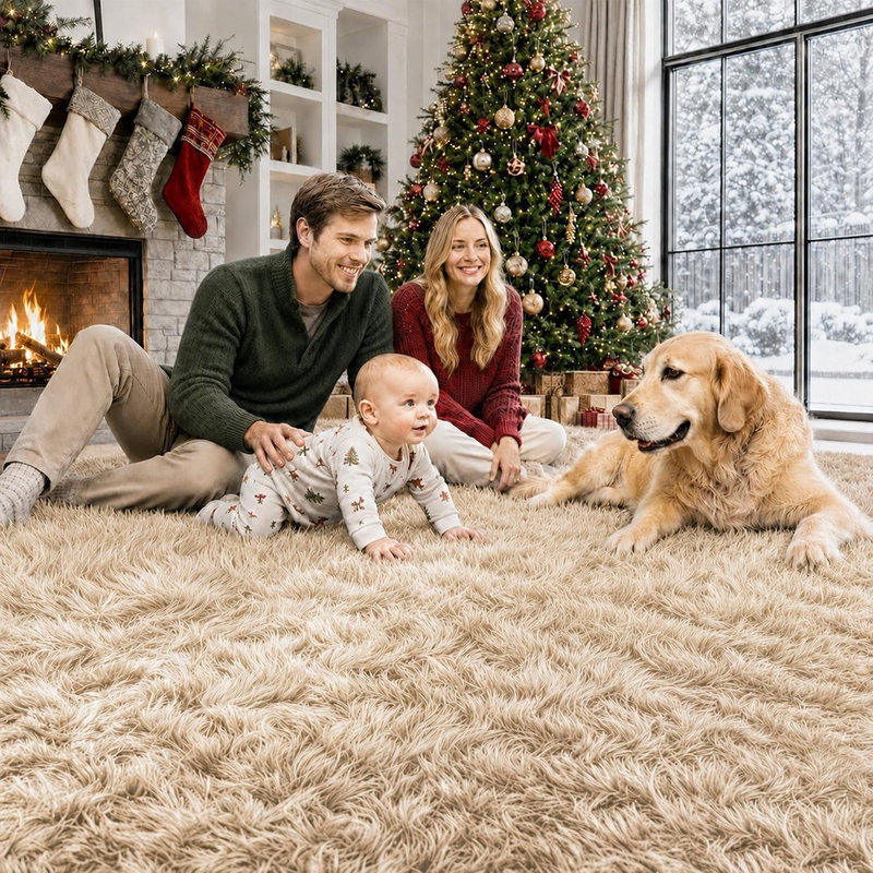 Tapis shaggy doux et moelleux couleur camel pour salon et chambre