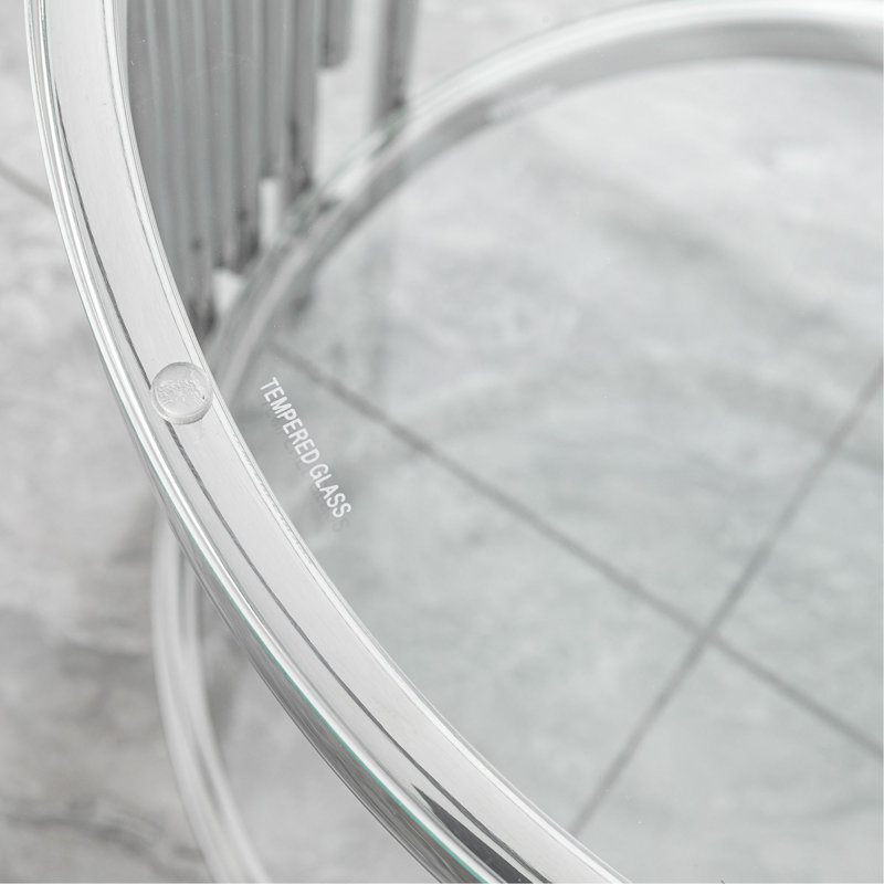 Table de bout ronde de luxe avec plateau en verre trempé transparent à 2 niveaux et structure en acier inoxydable argenté, table d'appoint moderne