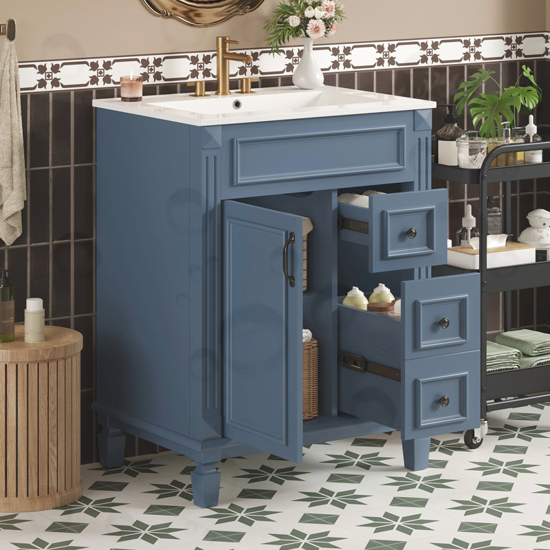 Meuble-lavabo de salle de bain avec lavabo en céramique et tablette réglable, Bleu