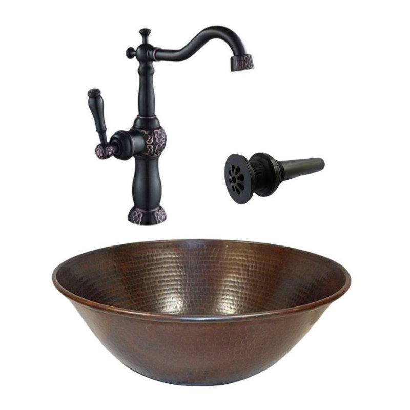 14" Round Aged Copper Vessel Bath Sink 13" Clayborne Faucet Included, Oil Rubbed Bronze/Copper/Antique Copper