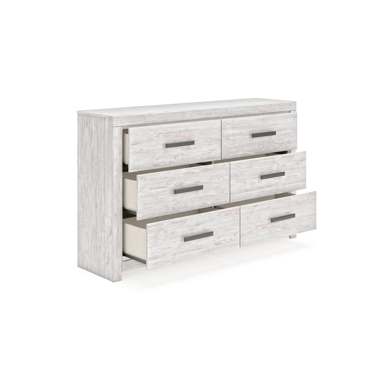 Cany Wide Dresser, 6 Drawers With Black Handles, Vintage Whitewash