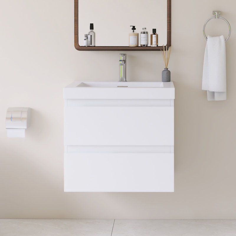Meuble-lavabo mural simple avec plateau en résine intégré blanc, Blanc, 24"