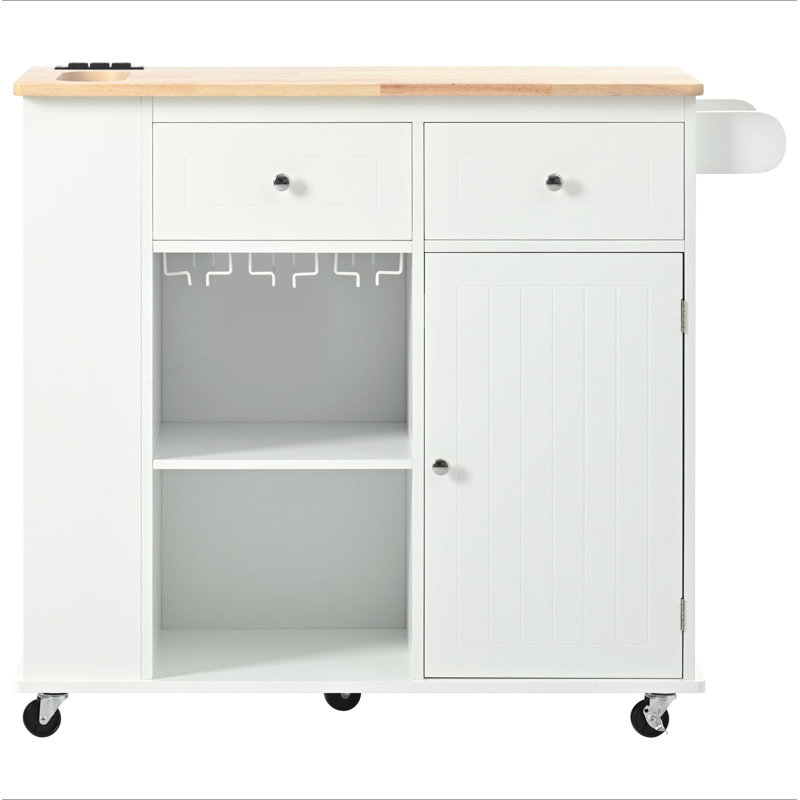 Kitchen Island With Power Outlet,Kitchen Storage Island With Drop Leaf And Rubber Wood,Open Storage And Wine Rack,5 Wheels,With Adjustable Storage For Home, Kitchen, And Dining Room