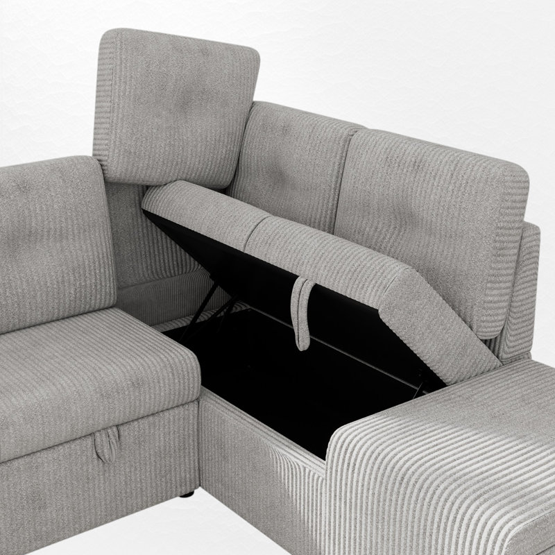 Canapé-lit modulaire rembourré avec repose-pieds et rangement, Velours côtelé gris pâle