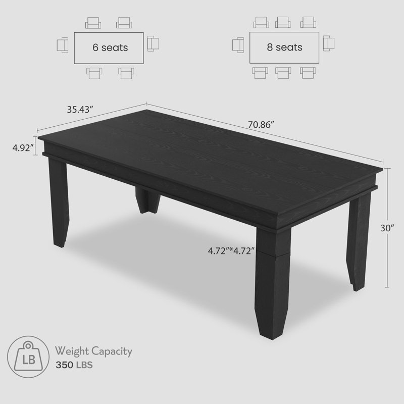 Table de salle à manger 71 pouces pour 6 à 8 personnes - Table rectangulaire en bois noire pour la cuisine ou la salle à manger