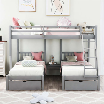 Lit double superposé double au-dessus de simple et double, bunker triple en bois avec tiroirs et garde-corps, gris, peu encombrant et polyvalent