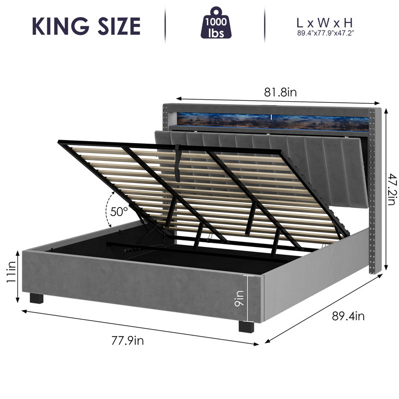 Lit de rangement luxueux avec vérin à gaz avec lumières à DEL et tête de lit, Grand lit