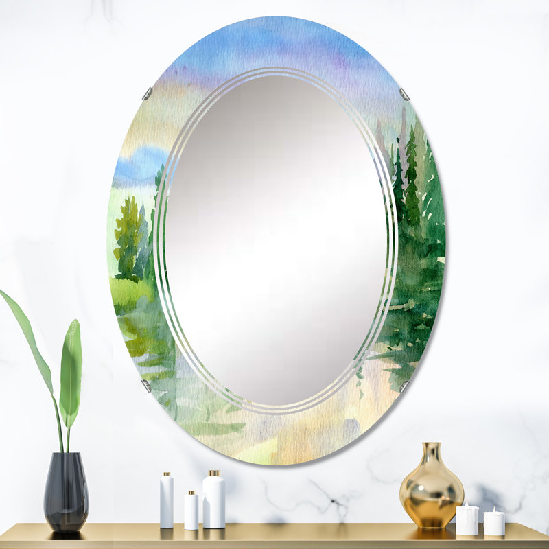 Paysage de rivière d'été avec arbres verts - miroir mural traditionnel ovale, 36 po x 24 po