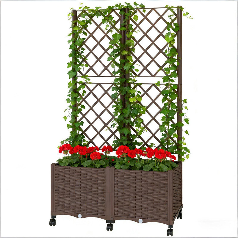 Brown PP Plastic Mobile Raised Garden Bed with Trellis 31.5 x 15.7 x 56.3 Inch Self-Watering Rolling Planter Box for Climbing Vines and Flowers