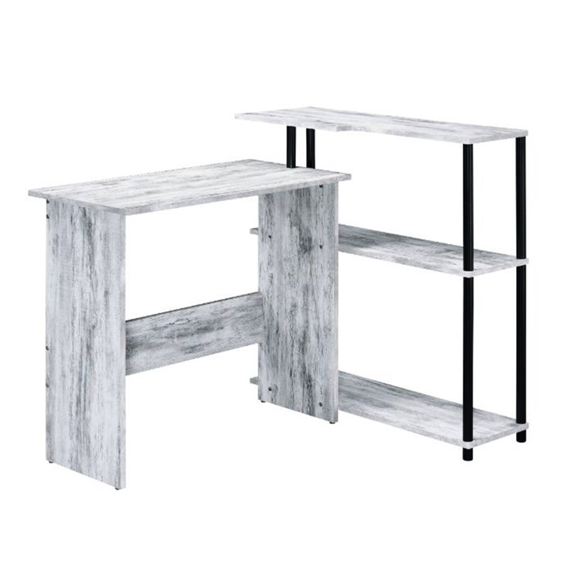Bureau rectangulaire en forme de L, blanc antique et noir, avec tablette latérale à 3 niveaux, aménagement de bureau