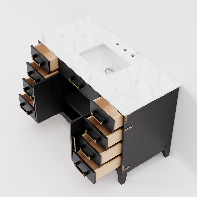 Plateau de meuble-lavabo simple l 48 po x P 22 po Laurel, Chêne noir, Marbre de Carrare blanc