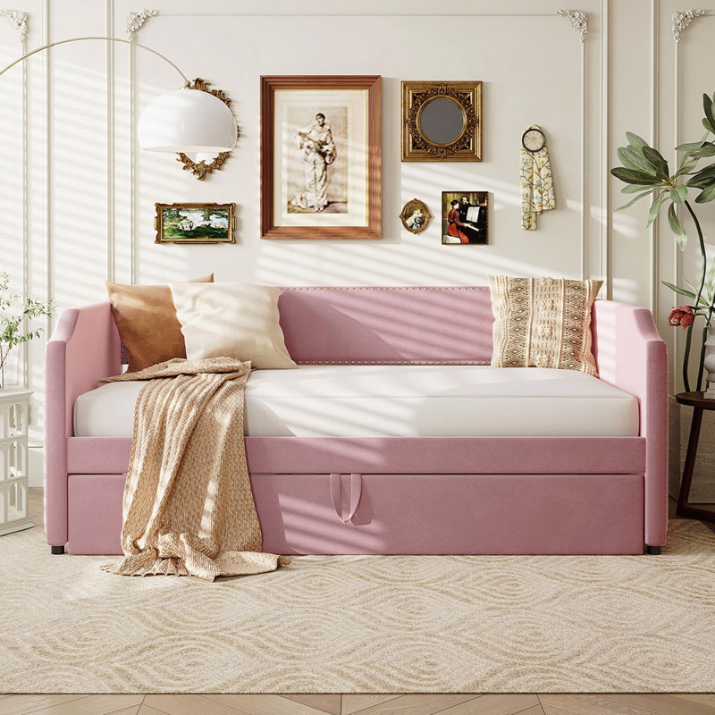 Velvet Upholstered Daybed With Pop Up Trundle, Pink