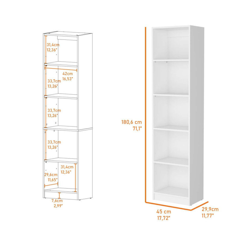 5-Shelf Bookcase, (5 Shelves) 71.07"H x 24.7"W x 11.7"D, Black