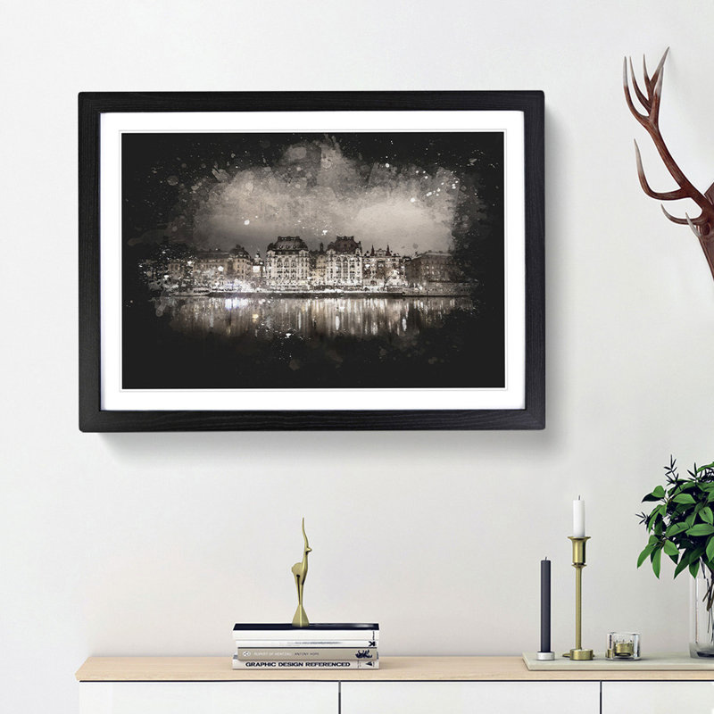 Reflection Of Stockholm In Sweden - Picture Frame Graphic Art, 62cm H x 87cm W x 2cm D, Black Framed