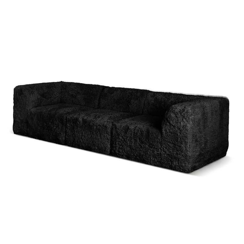 Cathryn Boneless 3-Piece Faux Fur Foam Modular Compressed Sofa, Black