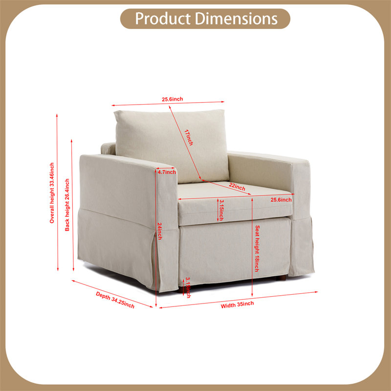 Fauteuil à coussin amovible et lavable, 100 % lin crème