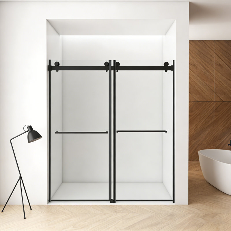 56"-60"W x 76"H Frameless Shower Door, Double Sliding Shower Door, 3/8'' (10mm) Clear Tempered Glass Shower Enclosure with Square Rail,Double Side Easy Clean Coat,Matte Black Finished With Buffer