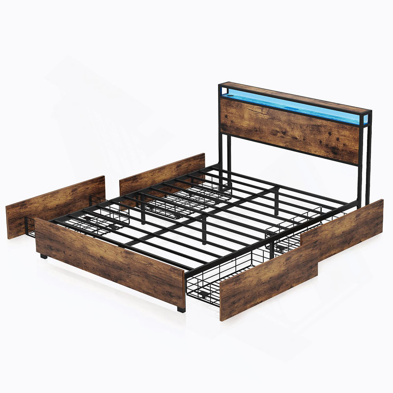 Structure de lit double, tête de lit avec station de charge, solide et stable, sans bruit