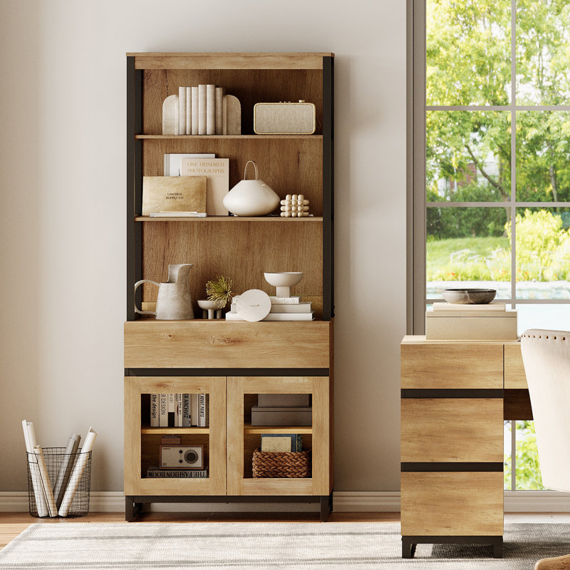 Modern 72" Tall Bookcase With Drawer And Open Book Shelfs, Library Book Shelf With Glass Doors Storage Cabinet, Wood Freestanding Bookshelf For Home Office, Living Room, Oak
