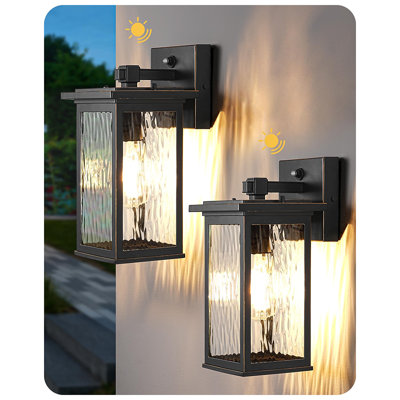 2Pack Outdoor Wall Lights Dusk to Dawn Exterior Light Fixture Modern Porch Light Wall Mount Sconce Clear Water Ripple Glass Black Metal Exterior