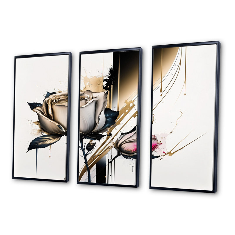 «Roses Flow Flower On Abstract Fusion IV», reproduction de 3 pièces, H 32 po x l 48 po x P 1 po, Cadre noir