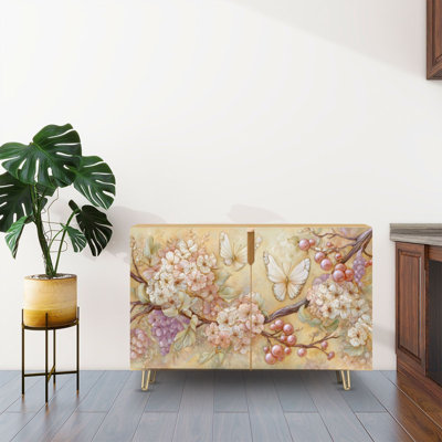 Sideboard Buffet Cabinet with Storage Elegant Floral Butterfly Garden Watercolor Decor with 2 Doors for Living Room and Kitchen