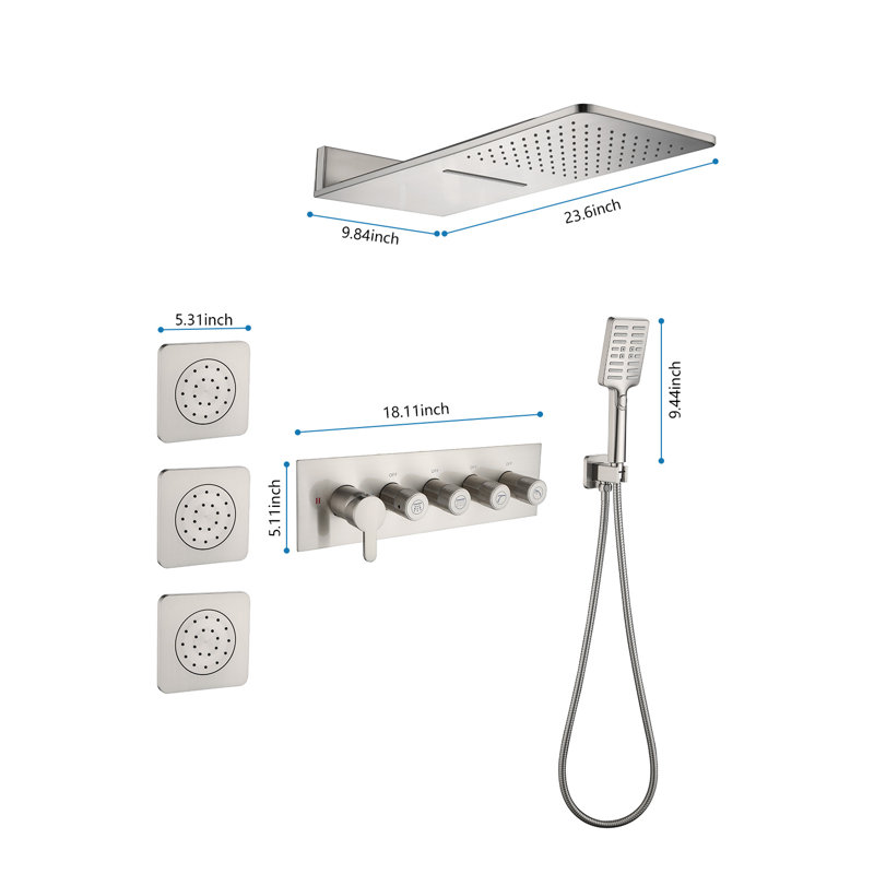 Robinet de douche cascade avec valve brute et 3 jets pour le corps, Nickel brossé