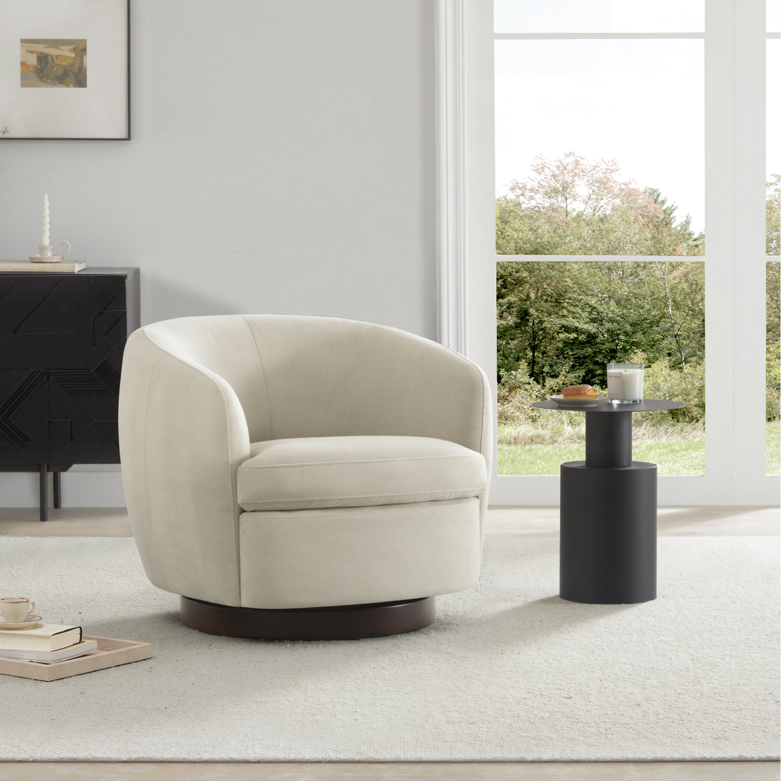 Marcy Upholstered Swivel Barrel Chair, Bella Beach Performance Velvet
