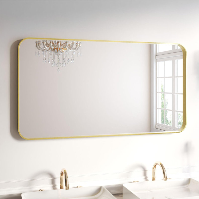 Élégant miroir encadré en aluminium avec coin arrondi pour une décoration intérieure élégante, Or brossé, 55 po x 30 po