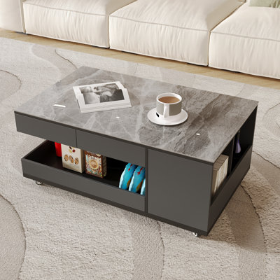 Modern Faux Marble Coffee Table With Smooth-Rolling Casters And 4 Storage Drawers