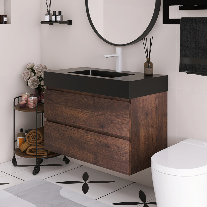 Meuble-lavabo flottant mural 36 po avec lavabo, Noyer, Noir