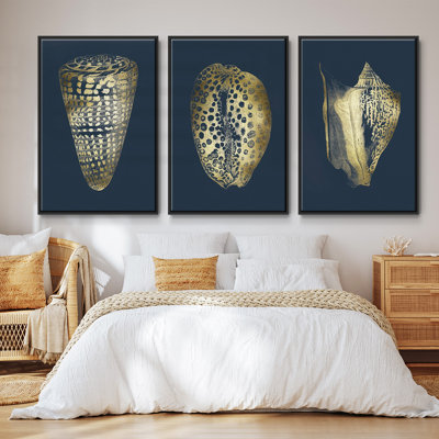 Ensemble de 3 pièces encadrées sur toile, feuille d'or I sur cobalt