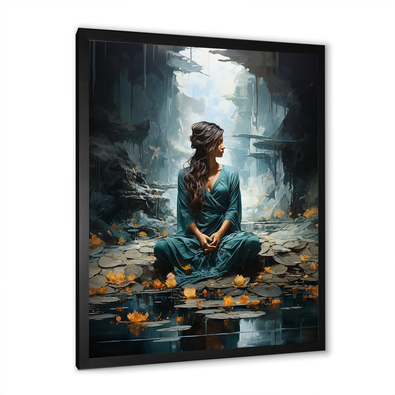 «Hinduism Yogis Tranquil Cave Teal», reproduction sur toile, Cadre simple noir, H 20 po x l 12 po x P 1 po