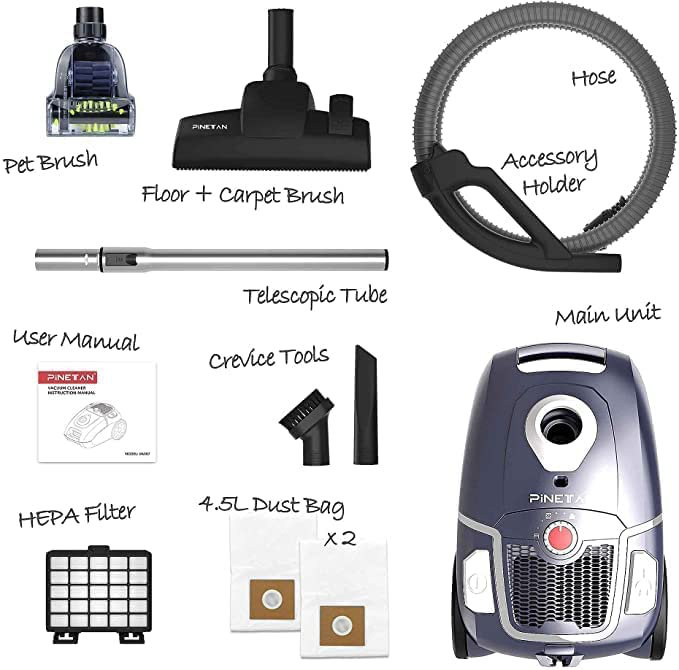 PINETAN Professional Canister Vacuum Cleaner WhisperClean, 62 dB Low Noise, 1KW High Suction Power
