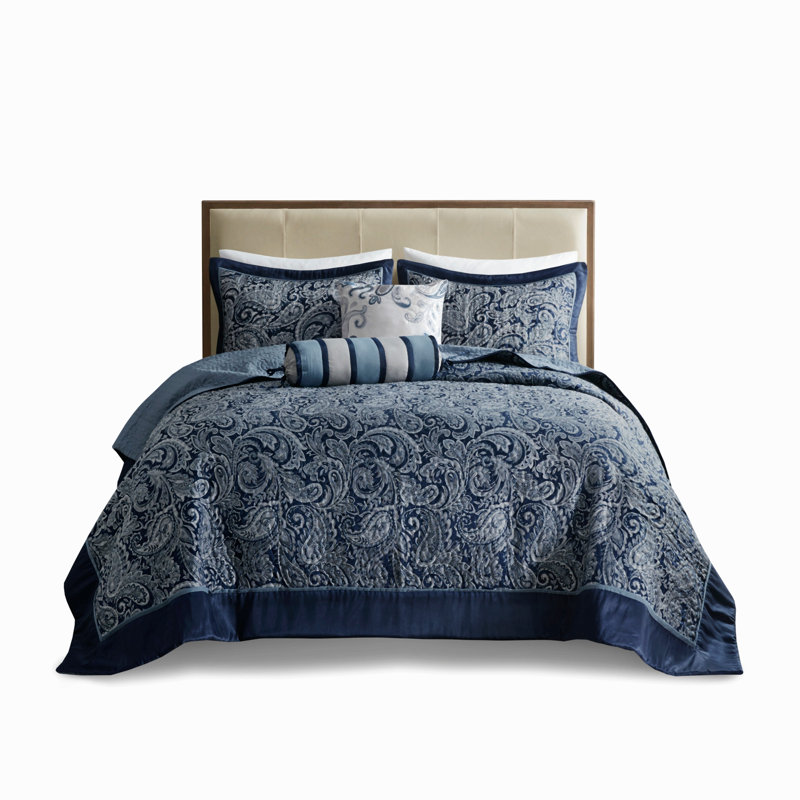 Ensemble de couvre-lit traditionnel de 5 pièces en coton brodé de jacquard bleu marine, taille Queen, Navy