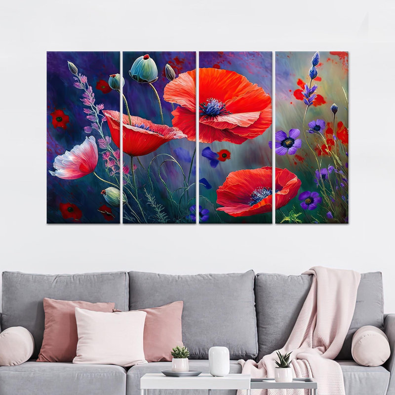 «Elegant Red Poppy Floral Print», reproduction d'art moderne sur toile tendue 4P, 43,3 po H x 63 po l