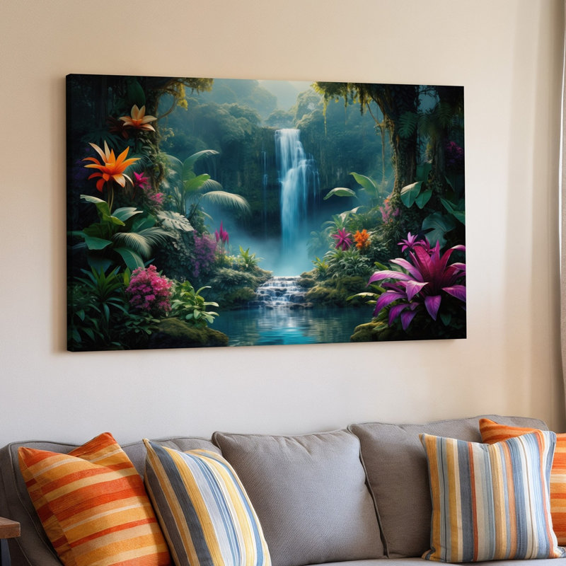 Toile, "Un paysage tropical luxuriant avec une cascade d'eau entourée d'art mural", "Scène vibrante dense", H 20 po x l 30 po