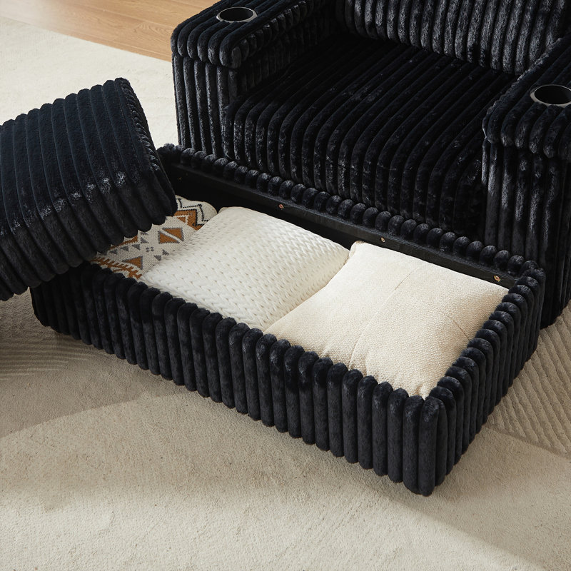 3-Seat Cup-Holding Grooves Sectional Sofa With Pillows And 2 Storage Ottoman, Black Corduroy