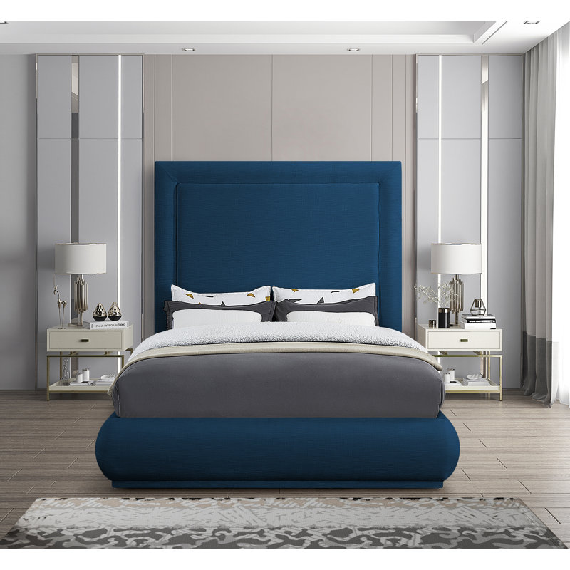Lit plateforme tapissier en bois massif Prudhoe, Grand, Tissu texturé en lin bleu marine