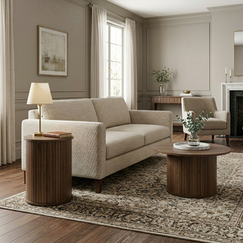 Aurel Buchheit Modern Round Pedestal End And Coffee Table Set, Royal Walnut