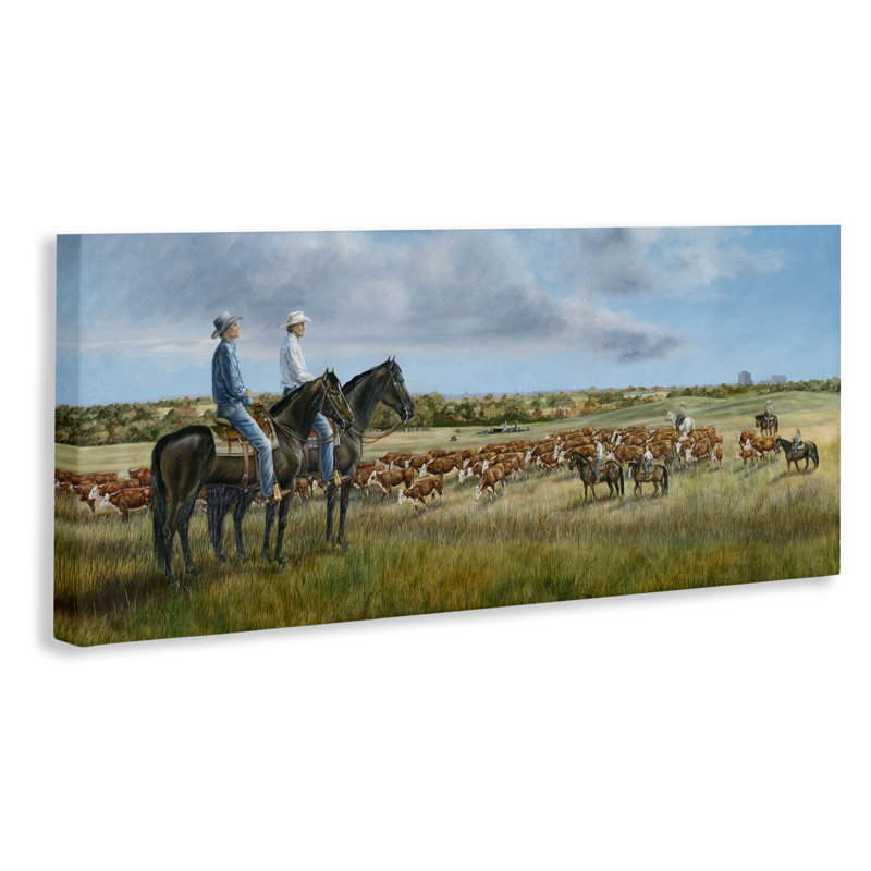 Art mural sur toile Cowboys & Bétail dans une vaste campagne, design par Carolyn Mock, H 17 po x l 40 po