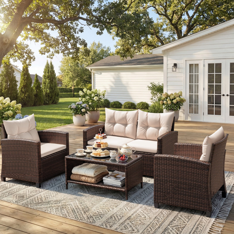 4-Piece Outdoor Conversation Set, Rattan Patio Furniture with Coffee Table and Cushions