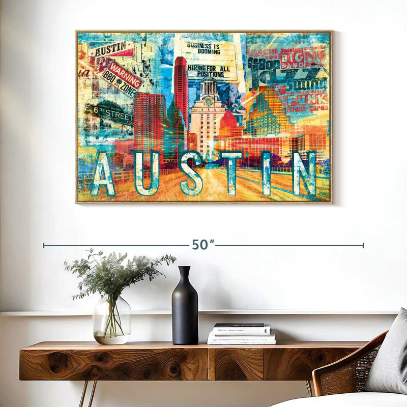 Road to Austin City Grunge, Cadre flottant en bois naturel, 40 po x 27 po